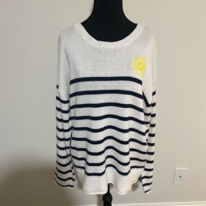 Life Is Good White and Navy Striped Sweater with Sun Design